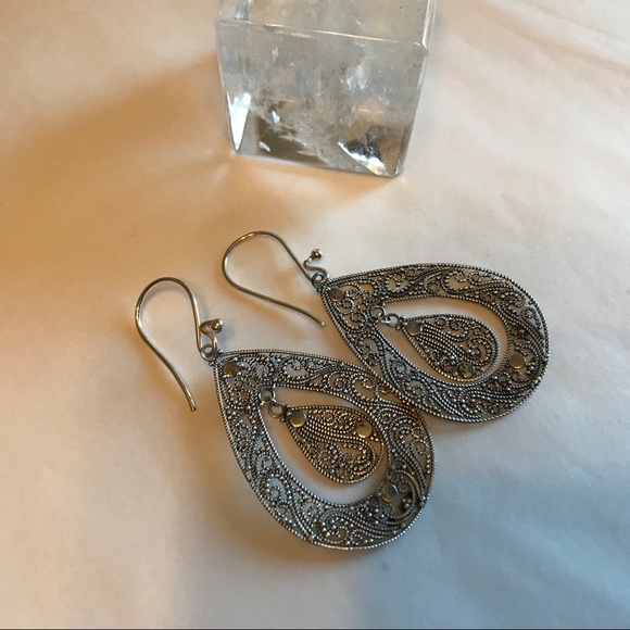 Sterling Silver Fillagree Teardrop Dangle Earrings - Picture 3 of 4